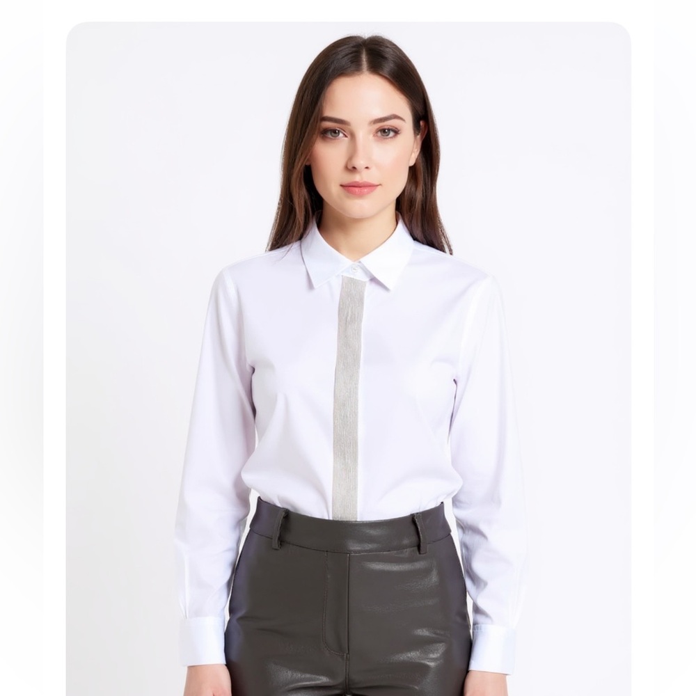 NWT Lysse White Button-Up Shirt with Silver Rhinestone Detail